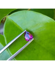 1.00 carat natural pear-shaped deep red ruby held by tweezers on a green leaf.