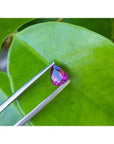 1.00 carat natural pear-shaped deep red ruby held by tweezers on a green leaf.
