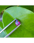 1.00 carat natural pear-shaped deep red ruby held by tweezers on a green leaf.