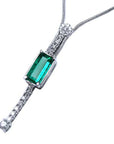 White gold emerald necklace elongated emerald-cut natural Muzo mines with straight row of natural diamonds