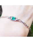 Natural Emerald Paper Clip Bracelet Halo Diamond in 14K White Gold