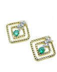 A pair of 14K yellow gold emerald post earrings with round cut Colombian emeralds set in a double frame rope decoration.