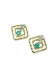 Emerald braided geometric stud earrings in 14K yellow gold with white accents.