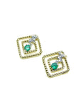 Emerald braided geometric stud earrings in 14K yellow gold with white accents.
