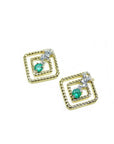 Emerald braided geometric stud earrings in 14K yellow gold with white accents.