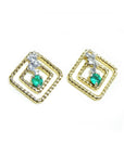 A pair of 14K yellow gold emerald post earrings with round cut Colombian emeralds set in a double frame rope decoration.