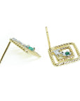 upside down of a pair of 14K yellow gold emerald post earrings with round cut Colombian emeralds underside vew