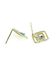 14K yellow gold geometric stud earrings with green emeralds and diamond accents.