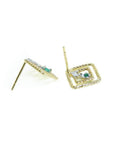 14K yellow gold geometric stud earrings with green emeralds and diamond accents.