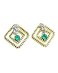 A pair of 14K yellow gold emerald post earrings with round cut Colombian emeralds set in a double frame rope decoration.