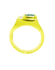 Men's 18K yellow gold ring with a rectangular emerald and channel-set princess-cut diamonds.