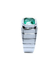 18K white gold men's ring with a bezel-set, deep bluish-green, modified emerald-cut Muzo Colombian emerald.