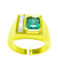 Men's 18K yellow gold ring with a rectangular Colombian emerald and channel-set princess-cut diamonds.