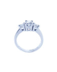 14K white gold engagement ring with a round cut center diamond and two trillion side diamonds.