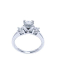 14K white gold ring with a princess cut three-stone diamond design.