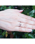 Round cut diamond solitaire engagement ring in 14K white gold on a hand, against green leaves.