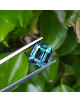 Loose sapphire GIA certified natural untreated emerald cut, held with tweezers on a blurry leaves background