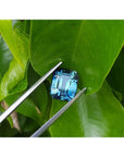 GIA certified 6.07 ct. rectangular emerald-cut blue-green sapphire held by tweezers on green leaves.