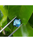 GIA certified 6.07 ct. rectangular emerald-cut blue-green sapphire held by tweezers on green leaves.