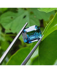 GIA certified 6.07 ct. rectangular emerald-cut blue-green sapphire held by tweezers against green leaves.