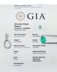 GIA certification of authenticity and origen of a pear cut natural colombian emerald.