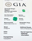 GIA certified 3.17 ct. octagonal loose Colombian emerald with origin report.