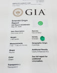 A GIA Emerald Origin Report card for a loose natural colombian emerald, showing details like weight, measurements, shape, and color.
