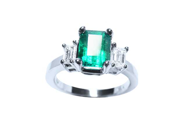 Authentic Colombian emerald three stone ring