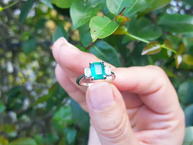 Bluish green emerald engagement rings