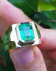 Yellow gold bezel set Men's emerald rings for sale