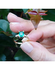 14K yellow gold emerald ring with baguette side diamonds, held against green foliage.