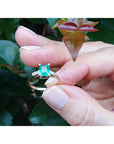 14K yellow gold emerald ring with baguette side diamonds, held against green foliage.