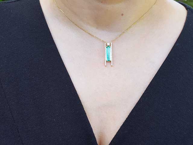 Real emerald-cut emerald necklace