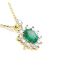 Genuine emerald necklace natural Muzo mine oval cut 1.11 carats encircled by halo diamonds crafted in 14k yellow gold