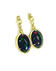 Ethiopian Welo black opal oval earrings with bluish green and red-orange fire, set in 14K yellow gold.