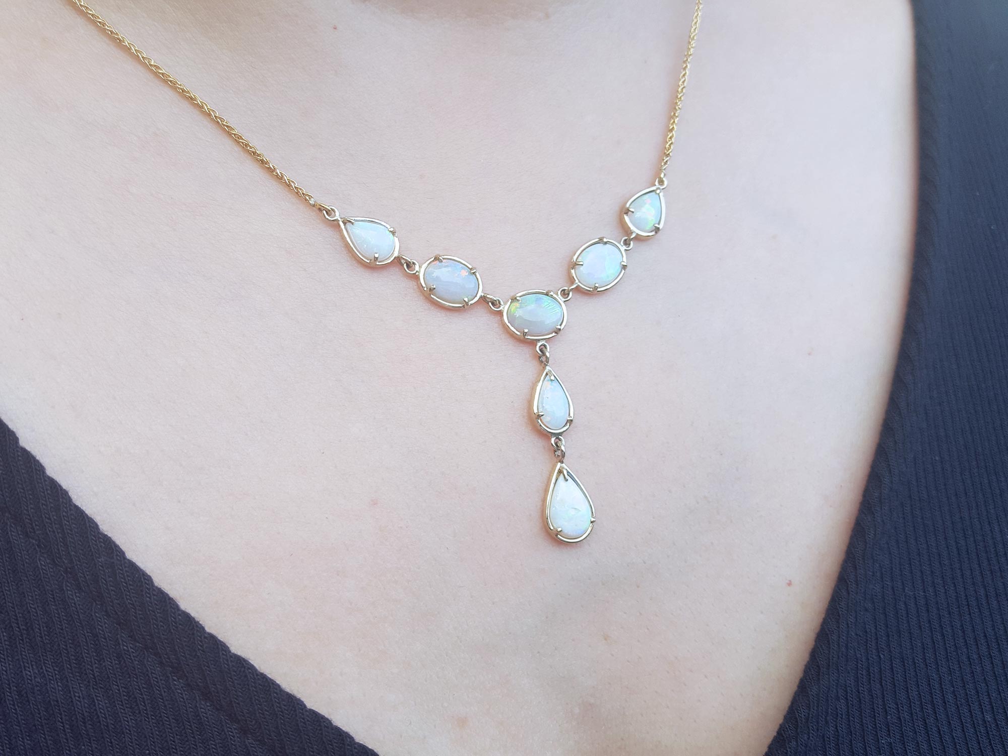 3.94 ct Solid Australian Opal Necklace Handcrafted in Solid 14K Yellow Gold