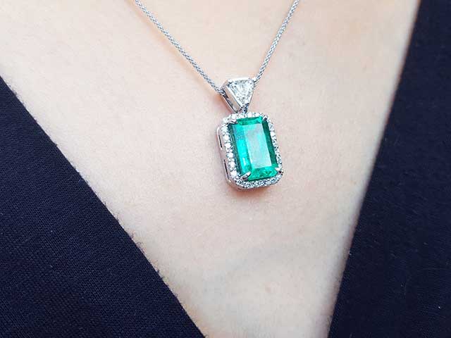 Emerald pendant hand made in USA 18k white gold