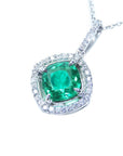 2.19 ct. Cushion cut Colombian Emerald Pendant Halo Diamonds 14K