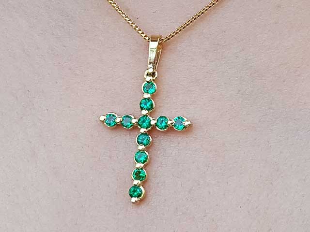 Genuine emeralds cross pendant necklace