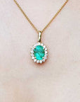 Halo diamond oval emerald pendant necklace