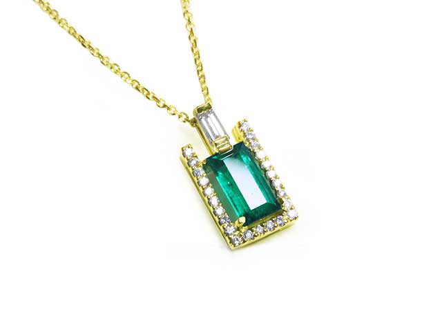 Emerald and diamond baguette cut pendant necklace