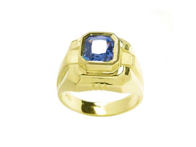 Solid yellow gold sapphire mens ring