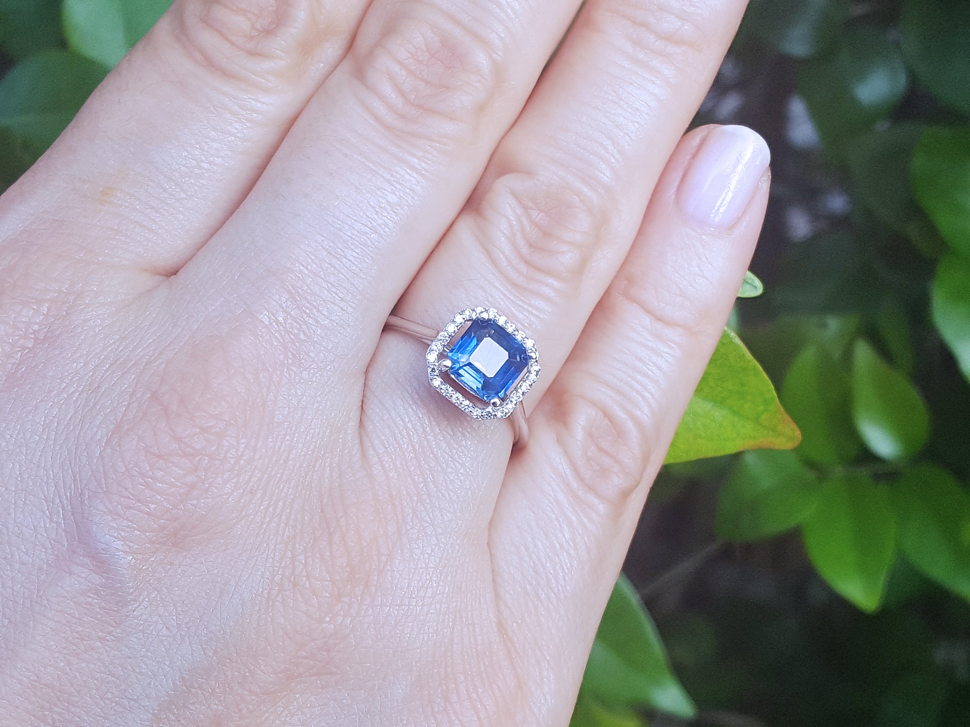 Asscher cut Blue Sapphire Ring 18k White Gold