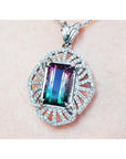 4.90 ct. watermelon tourmaline pendant, emerald cut, with diamonds on 14K white gold chain.