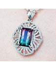 4.90 ct. watermelon tourmaline pendant, emerald cut, with diamonds on 14K white gold chain.