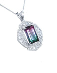 4.90 ct. rectangular watermelon tourmaline pendant with diamonds on a 14K white gold necklace.