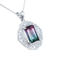 4.90 ct. rectangular watermelon tourmaline pendant with diamonds on a 14K white gold necklace.