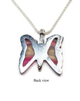 Butterfly-shaped pendant on a silver chain with a back view label on a white background