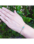 Hand wearing a bracelet with natural emerald against a green leafy background.