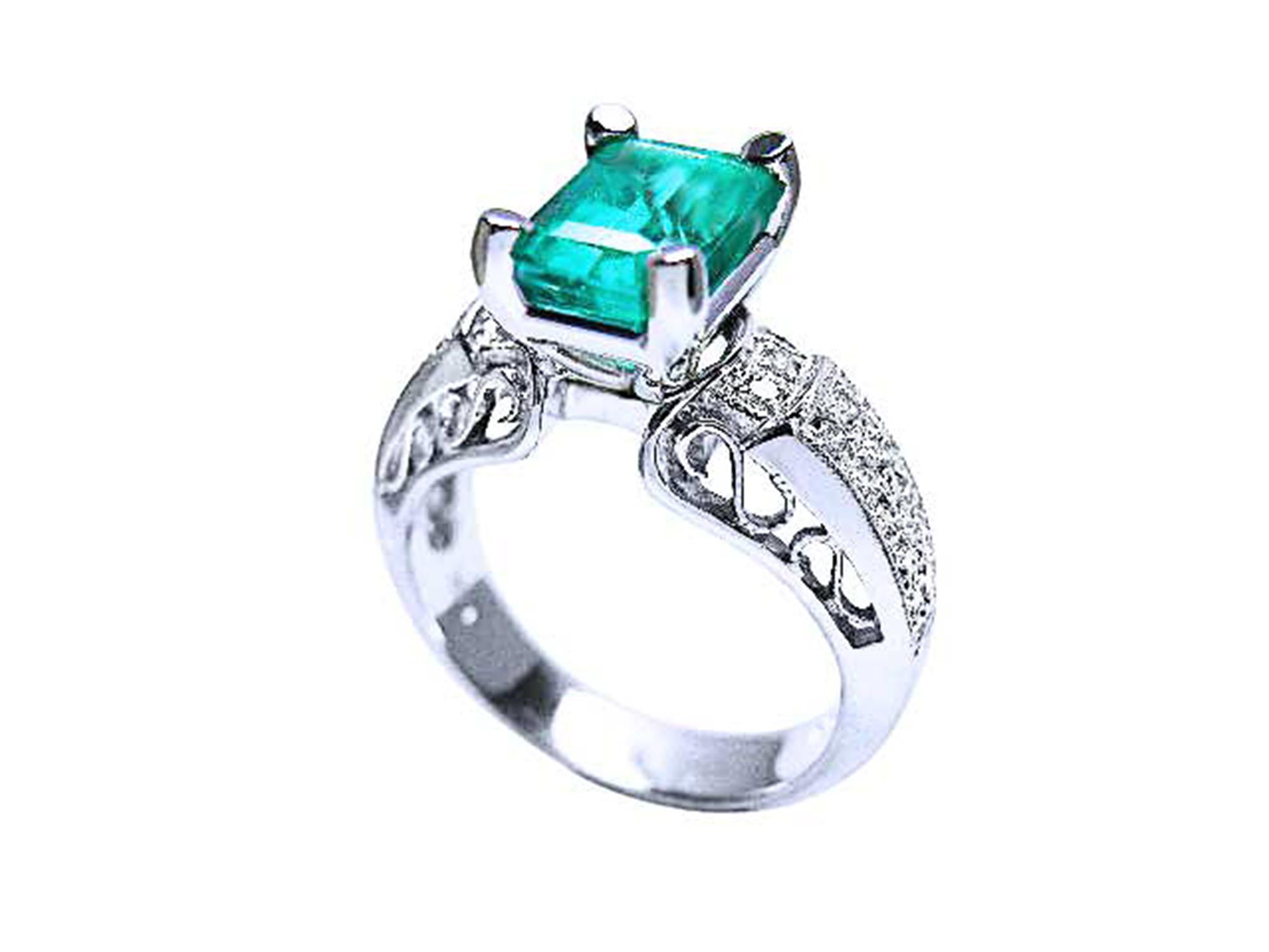 Esmeralda y diamantes naturales en anillo de oro blanco de 18k para mujer